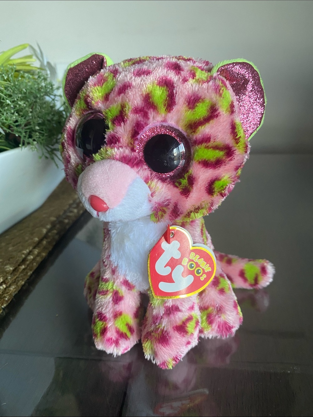 New🌈 Ty Beanie Boos Silk “Lainey” green & pink cheetah cat plush